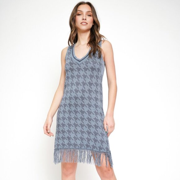 MYSTREE Blue Houndstooth Fringe Hem Sleeveless Dress Retro Boho Style - Picture 6 of 7